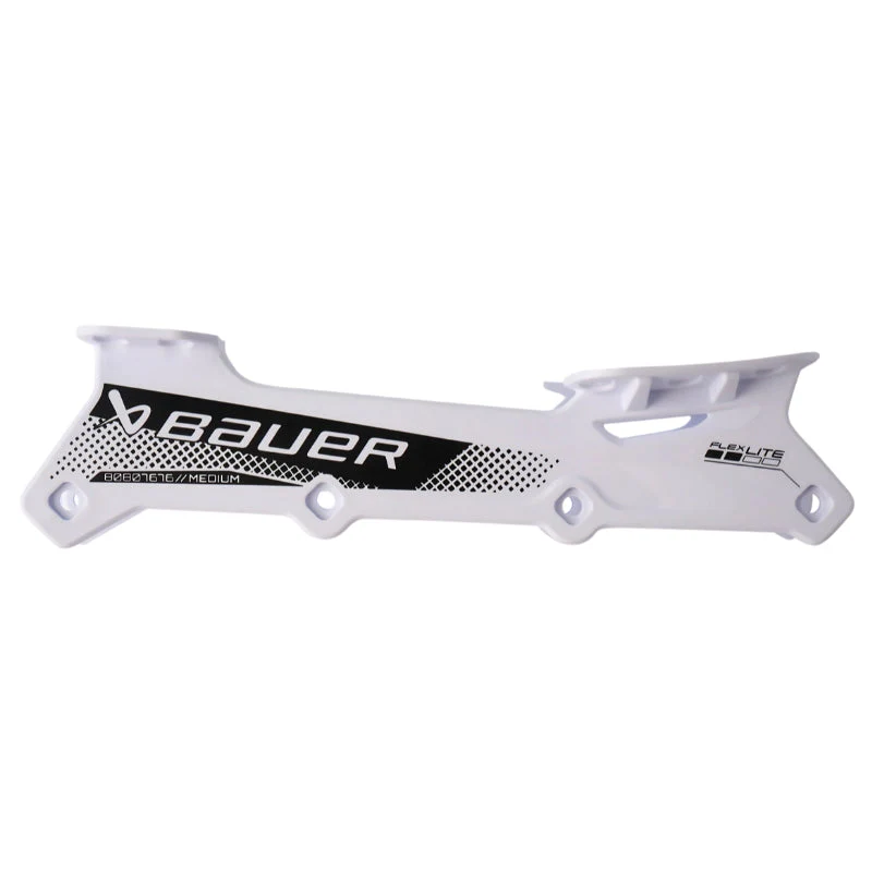 The BAUER Flexlite chassis for inline hockey skates is a one-piece frame designed to enhance agility and speed during inline hockey play.