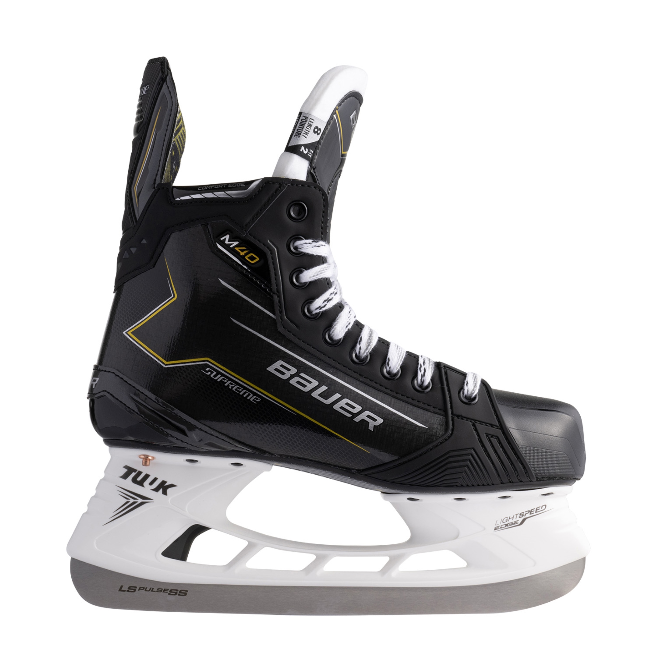 The BAUER Supreme M40 SR Hockey Skates offer an optimal blend of performance and comfort for dedicated players, featuring a lightweight and supportive design with advanced technologies. The thermoformable boot molds perfectly to the shape of the foot, ensuring maximum efficiency with every stride.