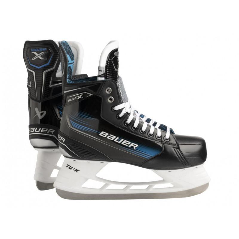 The BAUER X SR hockey skates are designed for competitive players seeking performance and comfort. With an ergonomic boot construction and advanced padding, these skates provide excellent support and a snug fit, ensuring optimal on-ice performance.